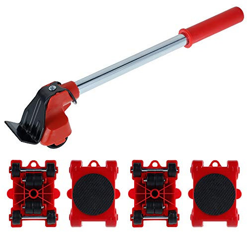 Lot de 5 roulettes de déménagement pour meubles lourds comprenant 1 tige de levage et 4 rouleaux de déplacement pour meubles pour tapis et sols durs, patins rotatifs à 360 degrés