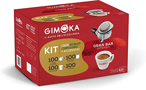 Gimoka - Cialde Ese 44, Compatibili con Sistema Easy Serving Espresso, in Carta Compostabile, Gusto Gran Bar con KIT, 100 Cialde Caffè, Kit Bicchierini, Bustine e Palettine