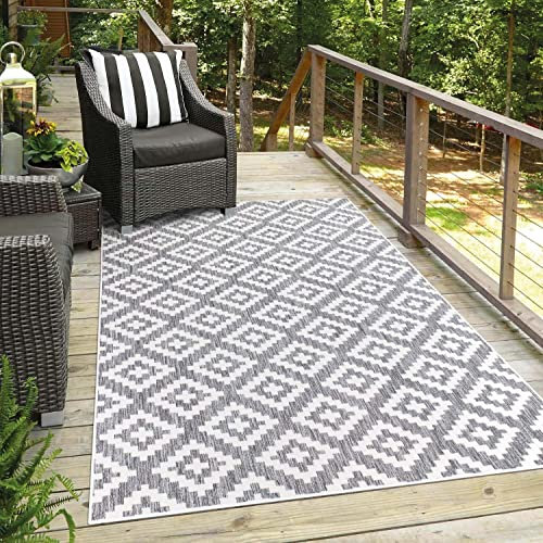 Teppich Outdoor Wetterfest - Grau - 140x200 cm - Rauten-Optik - Balkon Teppich Wasserabweisend - In-& Outdoor Teppiche für Terrasse, Garten, Küche, Bad oder Wohnzimmer
