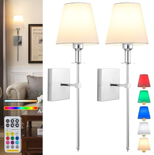 Aiehnid Battery Operated Wall Lights Set Of 2,with Color Temperature Dimmable Remote Control,Battery Powered Non Hardwired Wall Lamp,for Bedroom Farmhouse Bedside Reading Light (Color : Chrome)