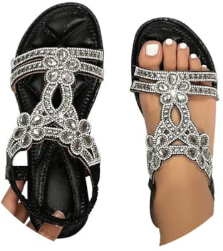 Minetom Femmes Sandales D'Été Plat Strass Fleur en Cuir Sandales T-Strap Élastique Bride À La Cheville Bout Ouvert Chaussures De Plage Cristal Floral Tongs A Noir 40 EU