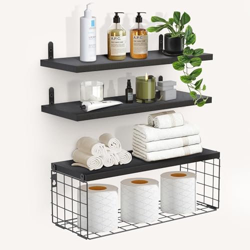piorlado Wandregal Schwarz, Regal Wand 3er Set Schweberegal Regalbrett Holz mit Drahtkorb, Wandboard Gewürzregal Hängeregal für Badezimmer, Schlafzimmer, Wohnzimmer, Küche, Waschküche 40cm