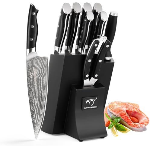 NANFANG BROTHERS 9er Damastmesser küchenmesser Messerblock Set mit Buchenholzmesserblock, Messerblock mit Messer Scharfem Profi Kochmesser Küchenmesserset VG10 Schwarz