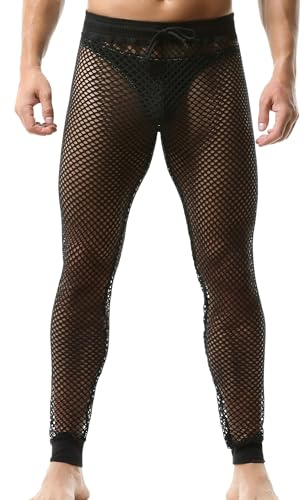 FEOYA Men Mesh Leggings Fishnet Muscle Pants Sheer Stretchy Leggings See Through Slim Fit Long Pants Workout Sport Drawstring Legging for Gym Club Party Black S