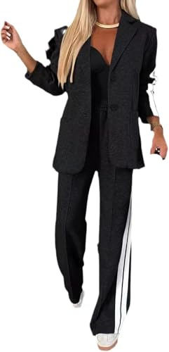 ThiCc Completo blazer da donna in 2 pezzi, a maniche lunghe, comoda, giacca oversize con tasche con risvolto a tacca e pantaloni a gamba larga, a righe laterali, dettagli sportivi, abbigliamento da