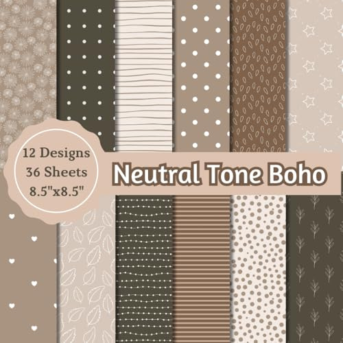 Neutral Boho Scrapbook Paper Craft Pad: 12 Designs 36 Double-Sided Sheets, 8.5x8.5 Size. Great for Decorations, Card Making, Cardstock, Collage, ... Media, Junk Journal and DIY Projects Etc.