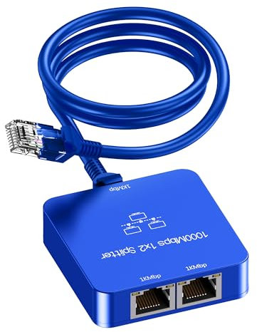 Uzifhdhi Répartiteur Ethernet 1 vers 2 avec câble Ethernet, adaptateur répartiteur Internet Gigabit RJ45 1000 Mbps haute vitesse pour câble Cat 5/5e/6/7/8, bleu