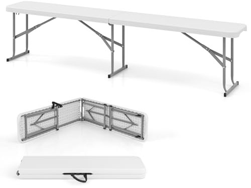 KOMFOTTEU Klappbare Bierbank, Bierzeltbank mit Tragegriff, Gartenbank aus HDPE mit Metallrahmen, Klappbank bis 300/600 kg, Sitzbank für Garten, Veranda, Terrasse (182x27,5x43cm, Weiß)