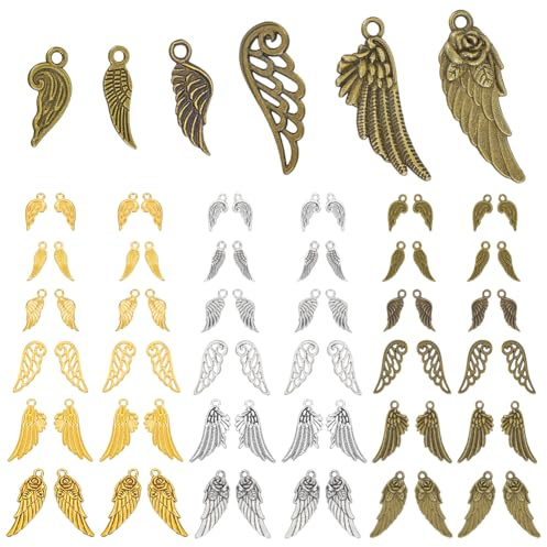 PH PandaHall 108Pcs 6 Styles Wing Charms, 3 Colors Feather Wings Bead Pendants, Easter Dangle Angel Wing Charms Tibetan Style Alloy Pendants for Necklace Bracelets Jewelry Making Crafts, 18~30mm