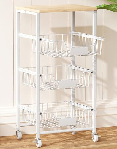 OKZEST 4-Tier Kitchen Storage Cart with 3 Upgraded Drawer Basket & Wood Top