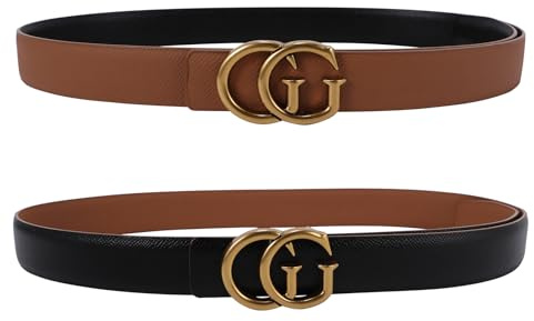 OXSLEN Women Reversible Leather Belt with Fashion G Gold Buckle for Dresses, Jeans, and Coats,width 1.1