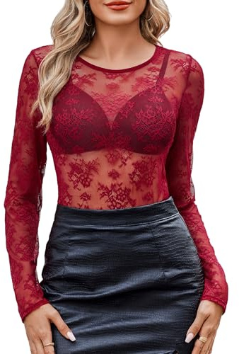 Avidlove Lace Mesh Top for Women Long Sleeve Round Neck Floral Lace Tops