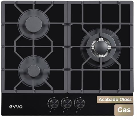 Placa de Gas EVVO V66 Glass, 3 Quemadores con Wok, Cristal Templado Negro, Encendido Eléctrico, Gas Natural y Butano
