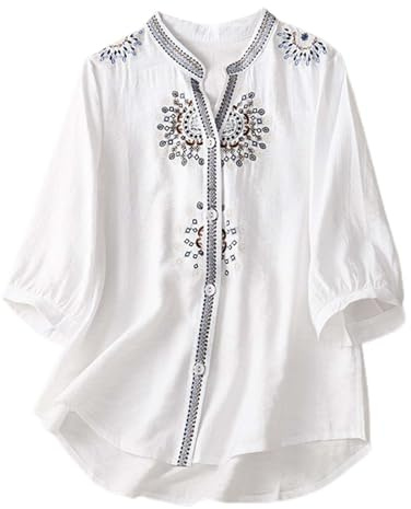 Blouse Manche Courte Femme Chemisier d'été brodé en Coton et Lin pour Femmes Chemise à Manches mi-Longues élégante et Respirante