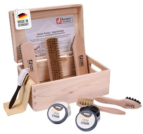 Set lucido per scarpe, Verona, scatola in legno di pino naturale con set di 9 pezzi per la pulizia e la lucidatura delle scarpe, TRG Shoe Polish - FSC 100%