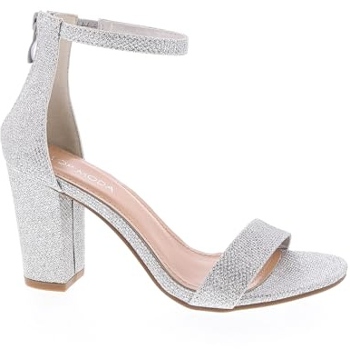 TOP Moda Hannah-1 Ankle Strap Dressy High Heel Sandal, Non-slip Sole, For Wedding, Party, Prom, Evening Wear, or Any Occasion, Sleek Style Block Heel Sandals, Silver Glitter, 6.5