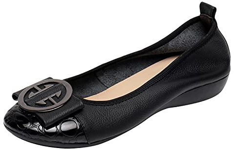 ANUFER Dam mjuk platt/låg kilklack slip-on ballerina promenadskor, Svart, 37 EU