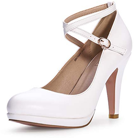 IDIFU Women's Tracy Platform High Heels Closed Toe Pumps Strappy Cross Ankle Strap Shoes for Casual Work Wedding (8 M US, White Pu)