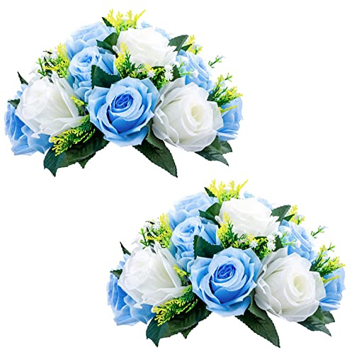 NUPTIO Pcs of 2 Fake Flower Ball Arrangement Bouquet,15 Heads Plastic Roses with Base, Suitable for Our Store's Wedding Centerpiece Flower Rack for Parties Valentine's Day Home Décor (Blue & White)