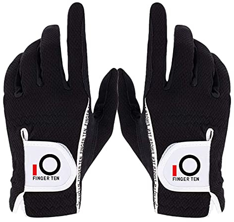FINGER TEN Golf Gloves Men Rain Grip 1 Pair (Black, M)