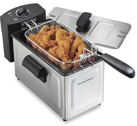 Hamilton Beach 35032 Professional Style Electric Deep Fryer, Frying Basket with Hooks, 1500 Watts, 3 Liters, Stainless Steel