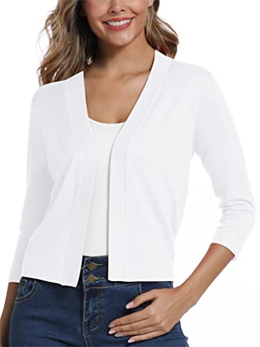 EXCHIC Women's 3/4 Sleeve Lightweight Cropped Cardigan Sweaters Open Front Bolero Short Shrugs for Dresses(White, Small)