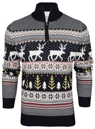 Xact Pull de Noël pour Hommes 1/4 Zip, Motif Traditionnel Nordique Fairisle (Navy Mix) XL