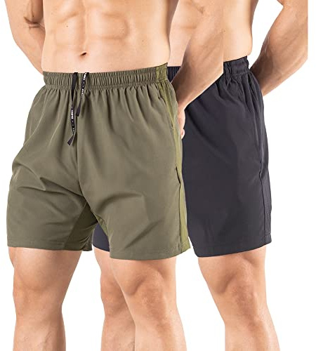 Gaglg Men's 5 Running Shorts 2 Pack Quick Dry Athletic Workout Gym Shorts with Zipper Pockets Black/Green,Medium