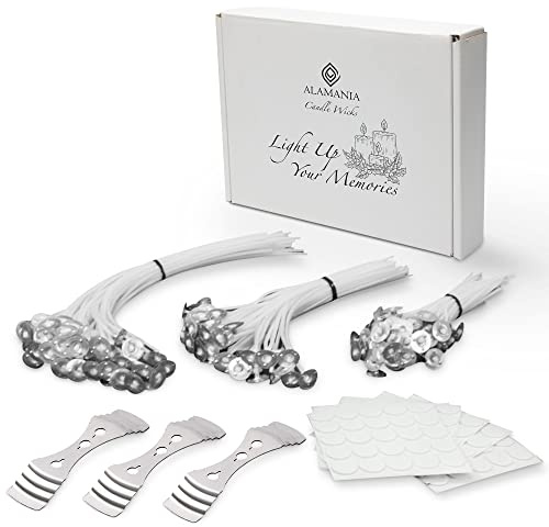 ALAMANIA 150Pcs Candle Wicks For Making Candles 10cm,15cm,20cm(50each) with 3 Candle Wick Holders&150 Glue Dot Wick Stickers-Low Smoke-Long Burn-Easy To Make Candle At Home-For DIY Candles-DIY Crafts