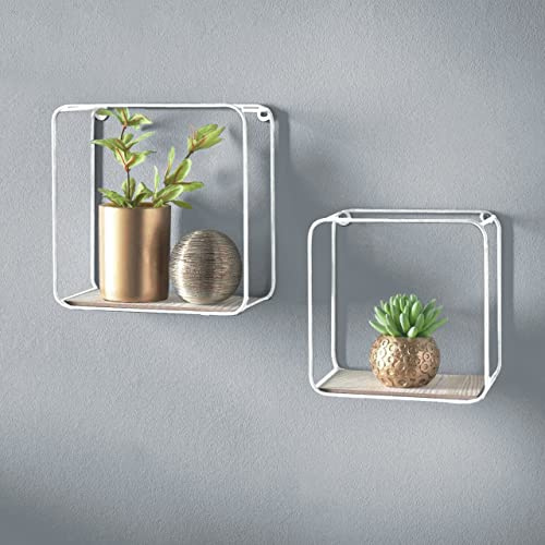 HOMION Display Wall Shelf Loft Wire Shelf - Set of 2 (small & Medium) Square - White Metal Frame and Wood Effect (White)