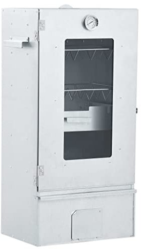 Räucherofen Räucherschrank aus Verzinkter Stahl Holzbefeuerung Tragbarer Smoker 83 cm, mit Sichtfenster & Feuerschale, Thermometer & S-förmigen Haken, Silber