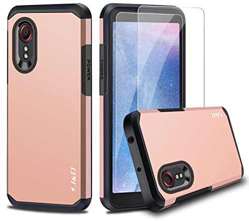J&D Kompatibel für Samsung Galaxy Xcover 5 Hülle, Heavy Duty Hybrid Robustes Stoßfest Schutzhülle mit 2 Stücke Glas-Displayschutzfolie für Galaxy Xcover 5, Rose Gold