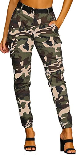 CaniBtr Camouflage Cargo Pants for Women Camo Joggers with Pockets High Waisted Slim Hiking Sweatpants Army Combat Trousers L