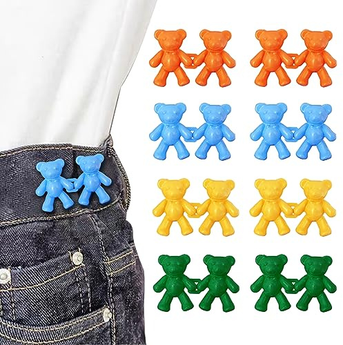 Qkari 8 Set Cute Bear Jean Buttons Pins，No Sew Adjustable Button Pins，Perfect Button Adjuster for Jeans, Pants, Skirts, Clothes. (Blue+Orange+Green+Yellow)