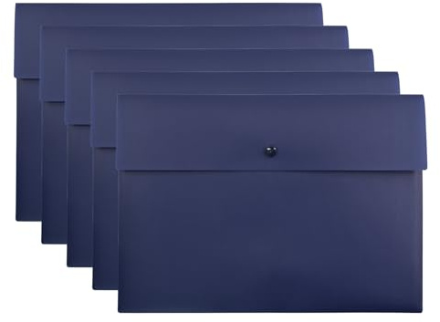 VANRA Poly File Folder Pockets File Jacket Plastic Envelope Flat Document Letter Organizer with Snap Button Closure A4 Letter Size (Pack of 5, Navy Blue)