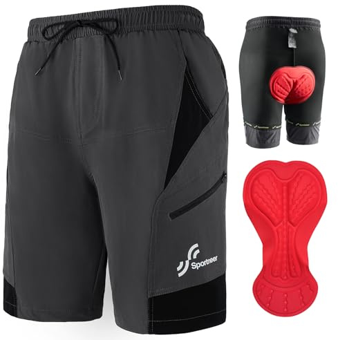 Sportneer Pantaloncini da Montagna MTB Uomo, Pantaloncini da Ciclismo con 3D Cuscino Pantaloncini Ciclismo Biciclette, Bici MTB Pantaloni Traspirante Shorts per Ciclismo da Corsa All'aperto