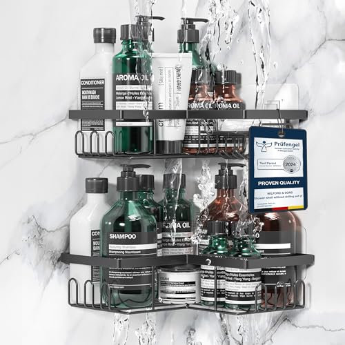 W&S Duschablage Ecke ohne Bohren 2er Set - Eckregal Dusche Bad-Ablage Edelstahl, Duschregal Rostfrei | Bad-Regal, Shower Caddy, Badezimmer Organizer, Dusch-Korb & Sticker, Shampoo Halterung Schwarz