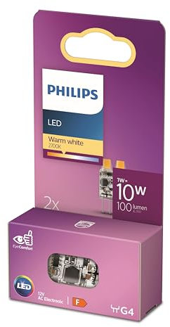 Philips LED ampoule standard, équivalent halogene 10W, culot G4, éclairage blanc chaud 2700K, 2 pack, nouvelle génération