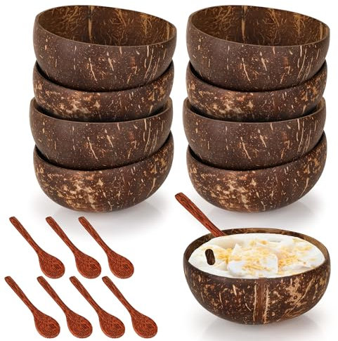 Aramanara 8 cuencos de coco de madera natural, cuencos de cáscara de coco de 350 ml con 8 cucharas de madera, cuenco de coco pulido para ensalada orgánica vegana, batido de leche, frutas, postres