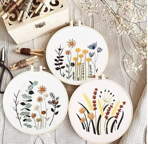 Comius Sharp Anfänger Stickerei Set, 3 Stück Handmade Embroidery Starter Kit, mit Schnittmuster und Beschreibung Blumenmuster Pflanzen Kreuzstich-Kit, für DIY Kunst, Handwerk, Nähen (02)