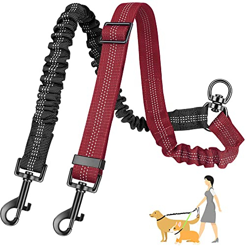 Eyein Double Dog Lead No Tangle, 360° Swivel Rotation Dual Dog Lead for Walking 2 Dogs, Adjustable Reflective Shock Absorbing Splitter Leash for Training, Small, Medium & Large Dogs(black&red,m)