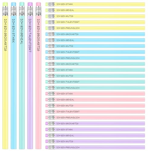 Tenare 30 Stück Motivation Bleistifte mit Radiergummi - HB Holzbleistifte in 5 Farben mit Positiven Spruch Graviert, Graphitstifte Set zum Zeichnen & Schreiben - Ideal für Erwachsene Lehrer Kollegen