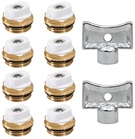 8 stycken radiatorventilationsventil, 1/2 tum mässing värmefläktar, radiatorventilation med vridbart plasthuvud, uppvärmning dräneringsventil med ventilationsnyckel, för värmesystem
