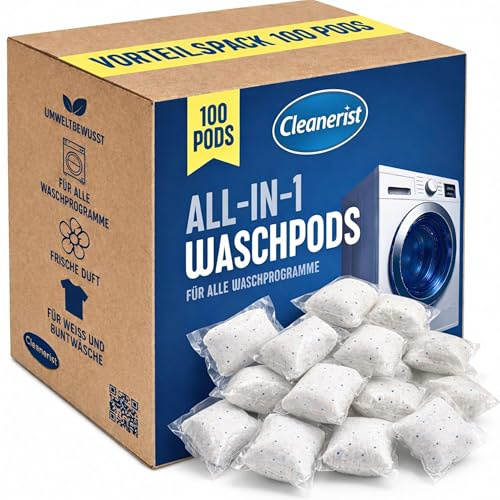 Cleanerist | All-in-1 Waschmittel Pods Caps – 100 Universal-Tabs (2kg) Pulver gefüllt, schnell löslich, für Weiß- Bunt- Kochwäsche – Frischer Duft – Made in Germany