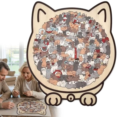 Puzzle en forme de chat, 135 pièces en bois coloré en forme de chat, encadré par d'adorables chats, puzzles en bois décoratifs pour les amateurs de Ca-t - 23 x 21 cm (Morandi)
