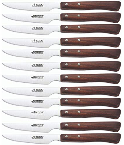 Arcos 373200-DUN14 knivar-låda biff bord knivblad nitrum rostfritt stål 110 mm (4,33 tum) – handtagspaket trä brun färg (12 stycken), och plast