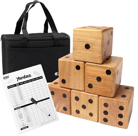 GSE Games & Sports Expert 3.5-Inch Premium Oak Giant Yard Dice Set with Carrying Bag and Yardzee & Farkle Scorecard. Outdoor Backyard Lawn Game for Family