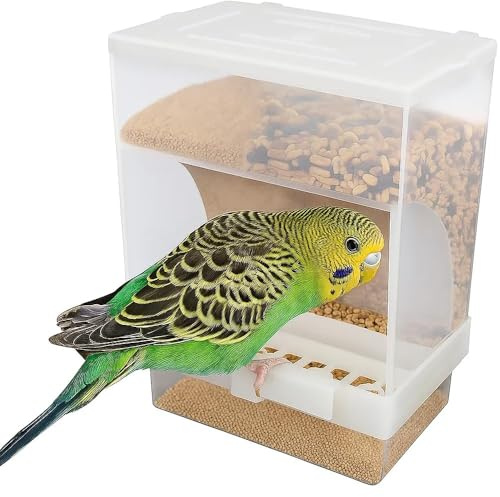 Old Tjikko No Mess Bird Feeder for Cage, Automatic Acrylic Seed Container with Large Hook, Install-Free Parrot Feeder for Budgerigar, Canary, Cockatiel, Parakeet, Finch
