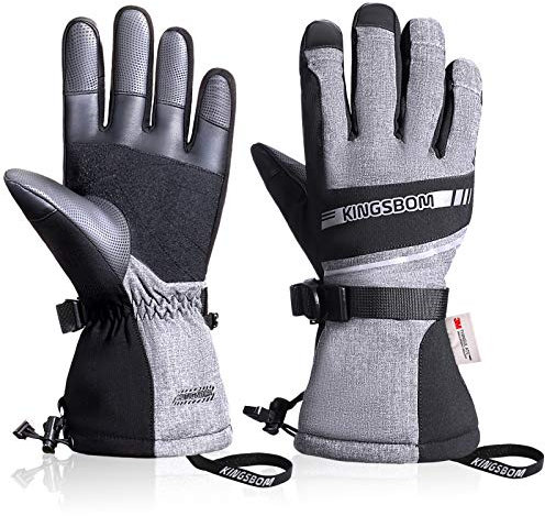 KINGSBOM Wasserdicht Ski- und Schnee-Handschuhe, 3M Thinsulate Winter Warm Touchscreen Snowboard Handschuhe für Herren & Damen - Grau(XL)