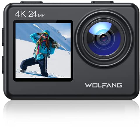 WOLFANG Action Camera 4K 24MP WiFi GA200, 40M Waterproof Underwater Camera for Snorkeling, EIS 170° Wide Angle Dual Screen Vlogging Camera with External Microphone, Charger, Remote Control